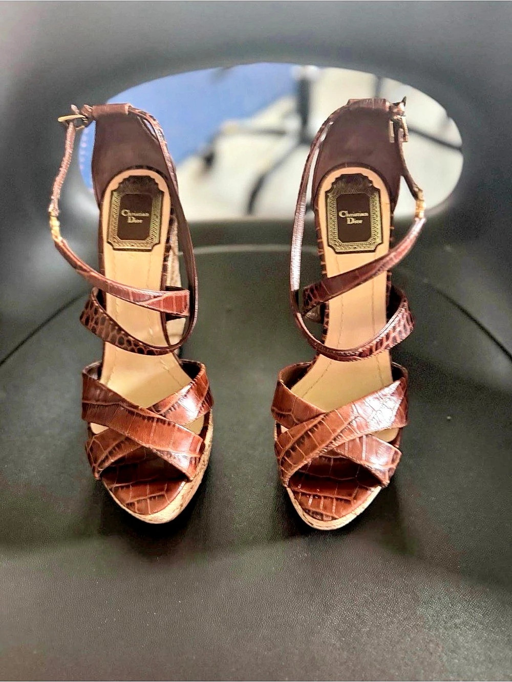 Christian Dior Brown Crocodile-Embossed Wedge Heels
